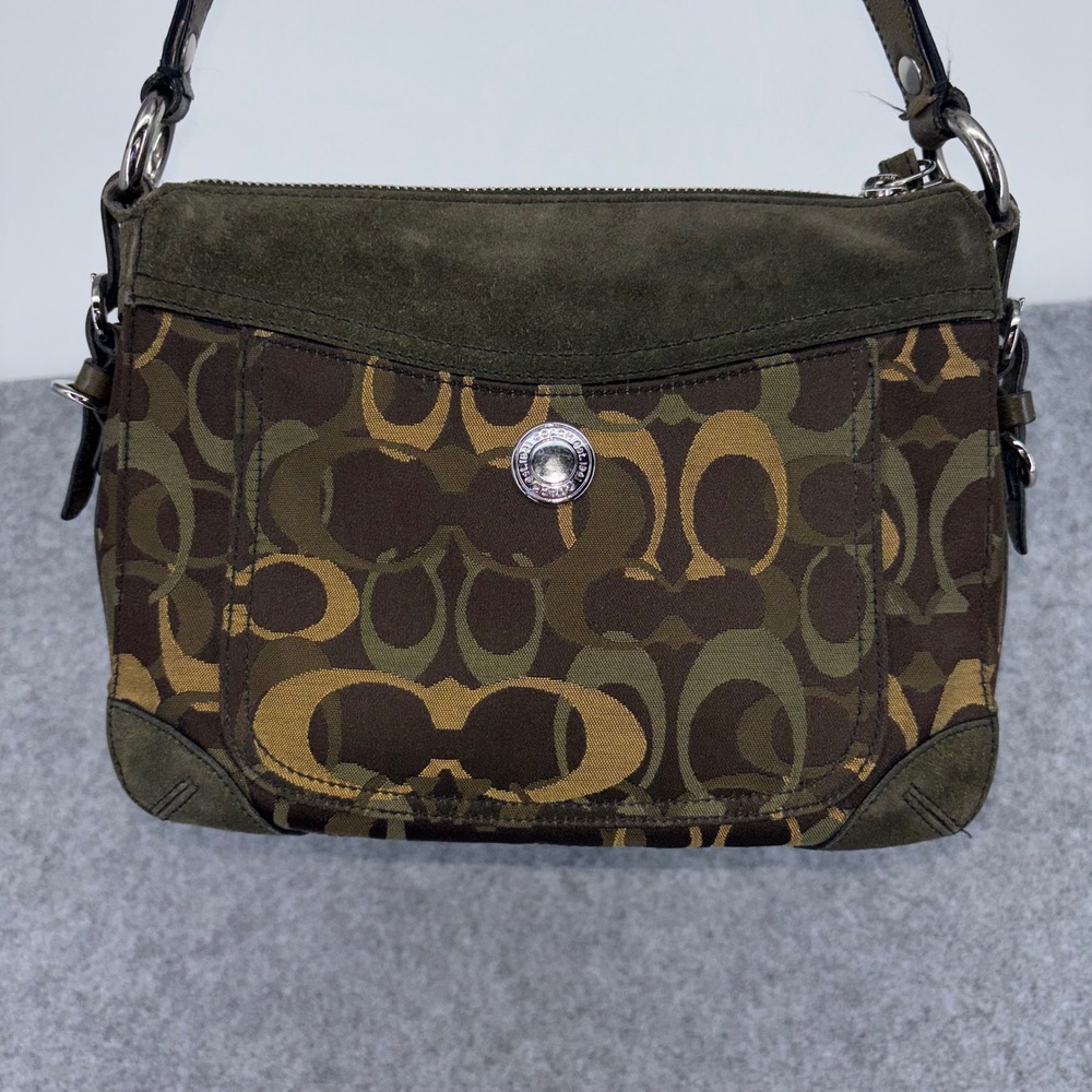 Coach Signature Canvas Suede Shoulder Bag Olive Green Brown 7035 Clean Inside